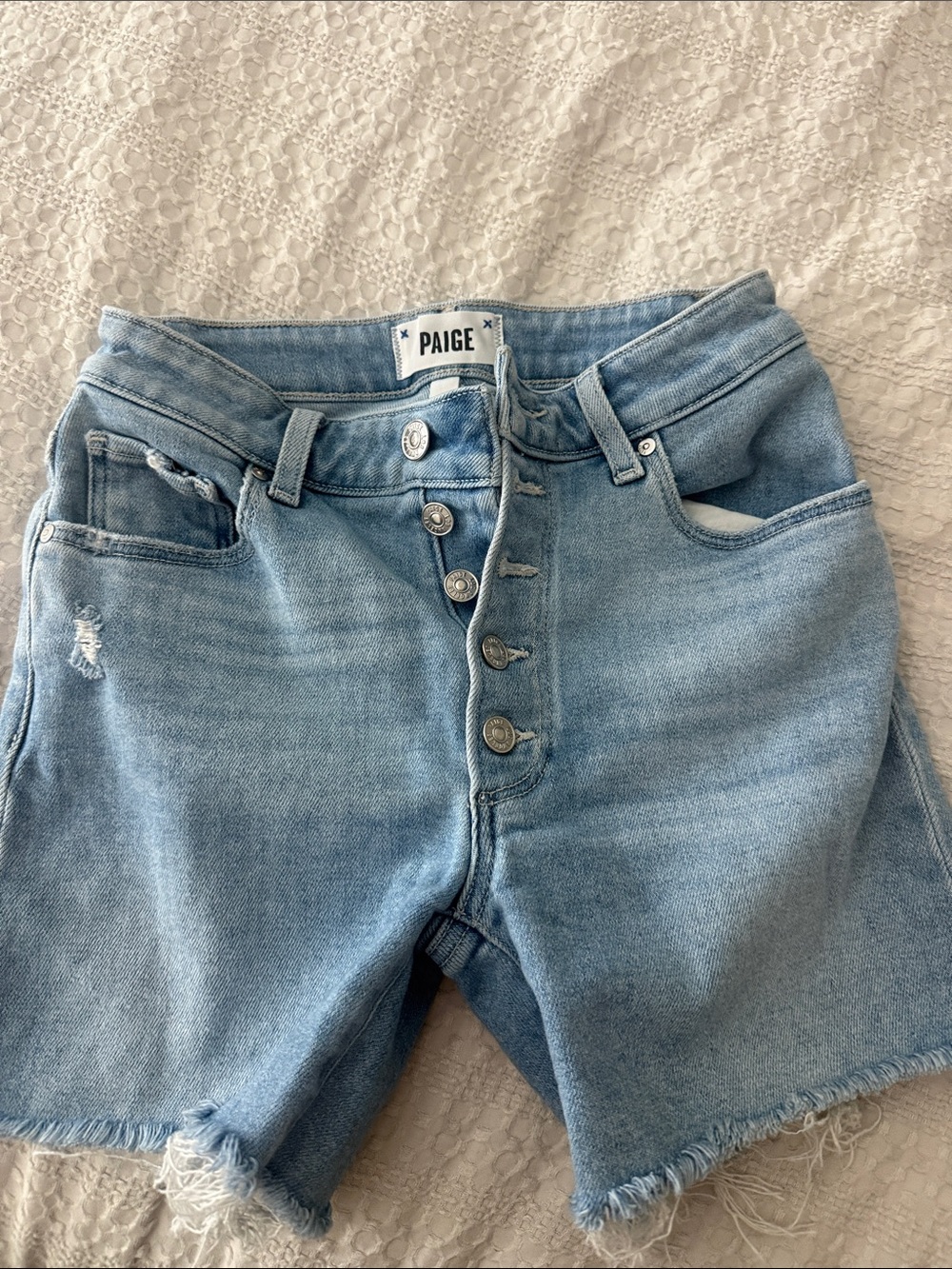 PAIGE Light Blue Boyfriend Denim Shorts with Button-Fly